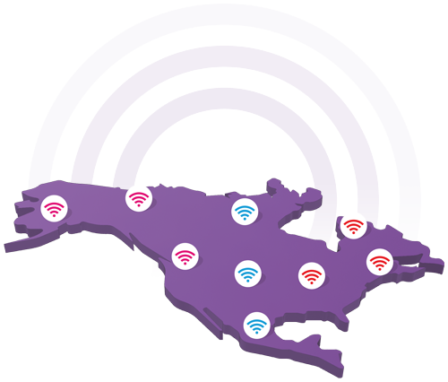 map of the United States with wifi logos everywhere and an rv with the TravlFi logo in the center